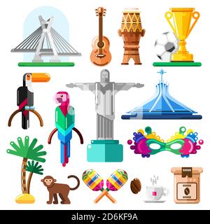 Travel to Brazil vector icons and design elements. Brazilian national symbols and landmarks flat illustration. Stock Vector