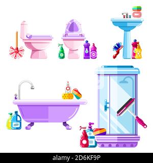 Bathroom and sanitary engineering cleaning. Vector isolated icons set. Flat illustration of shower cabin, sink, toilet, cleaning tools and detergents. Stock Vector
