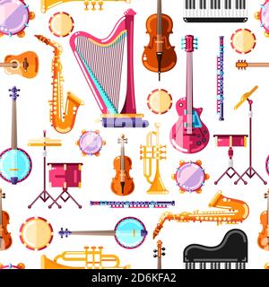 Musical instruments vector seamless pattern. Colorful background design for textile print. Stock Vector