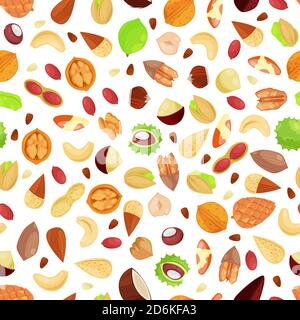 Mixed nuts vector seamless white pattern. Cartoon flat illustration. Textile print background design elements. Stock Vector