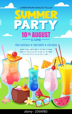 Cocktails party or summer picnic poster, banner layout. Beach bar background with alcohol cocktails on green grass. Vector illustration. Stock Vector