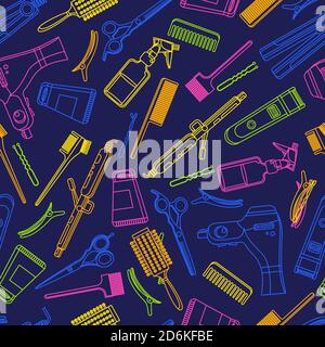 Beauty salon vector seamless pattern. Colorful outline hair hairdresser tools and equipment. Fashion textile print or background design. Stock Vector