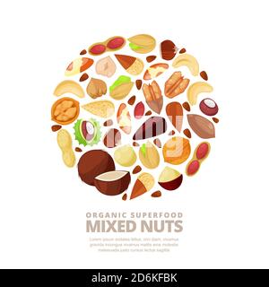 Mixed nuts vector circle label isolated on white background. Cartoon flat illustration. Design elements for packaging or label. Stock Vector