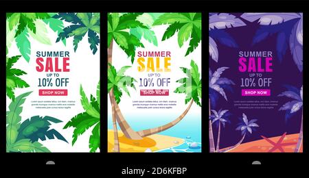 Summer sale vertical banner set. Vector season poster template. Tropical day and night backgrounds with green palm leaves frame. Stock Vector