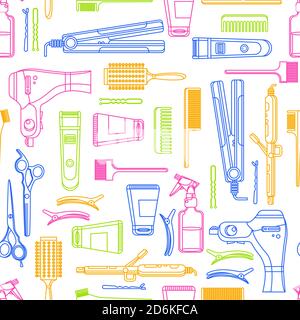 Beauty salon vector seamless pattern. Colorful outline hair hairdresser tools and equipment. Fashion textile print or background design. Stock Vector