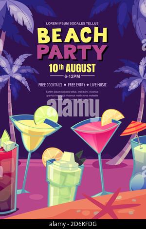 Cocktails party on the night beach. Vector poster, banner layout. Tropical bar background with alcohol cocktails and palms. Cartoon style illustration Stock Vector