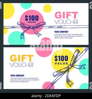 Gift card, voucher, certificate or coupon vector design layout. Discount banner template for holidays greetings. Bow ribbon sketch background. Stock Vector