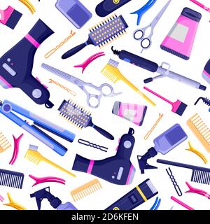 Beauty salon vector seamless pattern. Colorful hair hairdresser tools and equipment. Fashion textile print or background design. Stock Vector