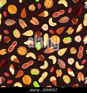 Mixed nuts vector seamless black pattern. Cartoon flat illustration. Textile print background design elements. Stock Vector