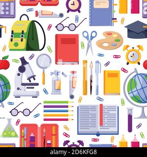 Back to school vector seamless pattern. Colorful education stationery supplies and tools. Fashion textile print or background design. Stock Vector