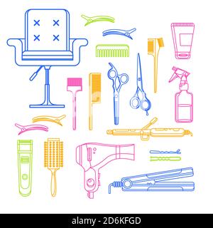 Beauty salon vector linear icons and design elements. Hair hairdresser tools and equipment isolated on white background. Stock Vector