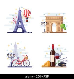 Travel to Paris vector flat illustration. City symbols, landmarks and food. France icons and design elements. Stock Vector