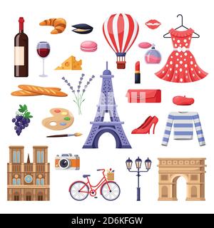 Travel to France design elements. Paris tourist landmarks, fashion and food illustration. Vector cartoon isolated icons set. Stock Vector