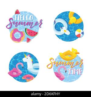 Summer labels, stickers or tags. Hello summer vector circle emblem set. Holiday, travel, beach vacation, pool party design elements. Stock Vector