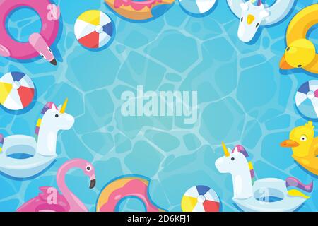 Swimming pool frame. Colorful floats in blue water, vector cartoon illustration. Kids inflatable toys flamingo, duck, donut, unicorn. Summer fun backg Stock Vector