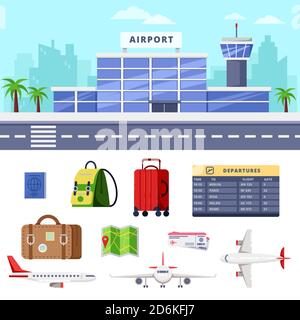 Airport terminal building, vector flat illustration. Air travel design elements. Airplane and luggage icons. Stock Vector