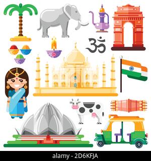 Travel to India vector icons and design elements. Indian national symbols and landmarks flat illustration. Stock Vector