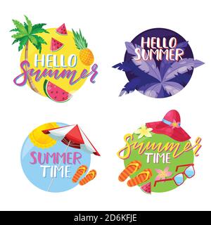 Summer labels, stickers or tags. Hello summer vector circle emblem set. Holiday, travel, beach vacation design elements. Stock Vector