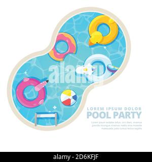Isolated circle swimming pool, vector cartoon illustration. Summer poster, banner layout. Unicorn, flamingo, duck, ball, donut cute floats in water. F Stock Vector