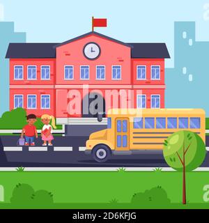 Back to school, vector flat illustration. School building, yellow bus and children. Pupils with backpacks and books going to lessons. Stock Vector