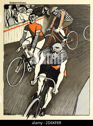 Bicycle race competition From the Book Das Narrenrad : Album fröhlicher Radfahrbilder [The fool's wheel: album of happy cycling pictures] by Feininger, Lyonel, 1871-1956, illustrator; Heilemann, Ernst, 1870- illustrator; Hansen, Knut, illustrator; Fürst, Edmund, 1874-1955, illustrator; Edel, Edmund, illustrator; Schnebel, Carl, illustrator; Verlag Otto Elsner, printer. Published in Germany in 1898 Stock Photo