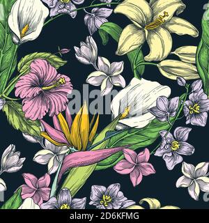 Tropical colorful flowers black seamless vector pattern. Sketch hand drawn illustration. Fashion textile print or floral background design. Stock Vector