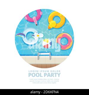 Isolated circle swimming pool, vector cartoon illustration. Summer poster, banner layout. Unicorn, flamingo, duck, ball, donut cute floats in water. F Stock Vector