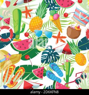 Summer cute seamless pattern. Vector cartoon illustration. Summertime travel, tourism and vacation background. Fashion textile print design. Stock Vector