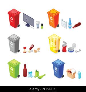 Sorting and recycling waste. Garbage multicolor baskets and plastic, organic, glass waste products. Vector 3d isometric icons set. Stock Vector