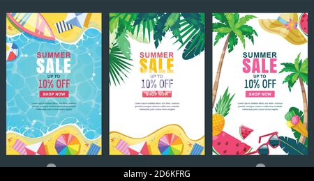 Summer sale vector poster, banner template. Season backgrounds set. Tropical frame with sand beach, water, leaves and fruits. Stock Vector