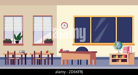 Empty classroom interior, vector flat illustration. School furniture and design elements. Back to school background. Stock Vector