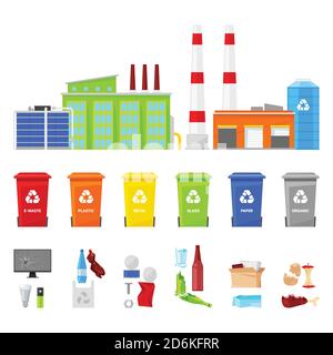Sorting and recycling waste, vector flat illustration. Industrial waste plant, plastic, organic, glass garbage and multicolor baskets isolated icons. Stock Vector