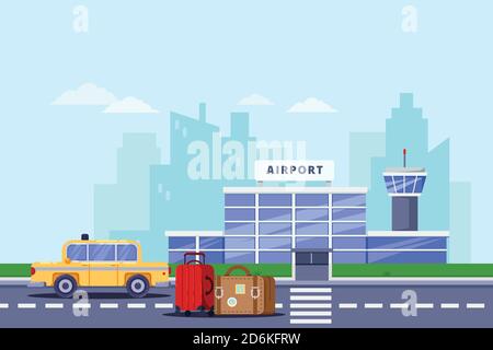 Airport terminal building, luggage bags and yellow cab, vector flat illustration. Taxi service and transfer concept. Air travel background and design Stock Vector