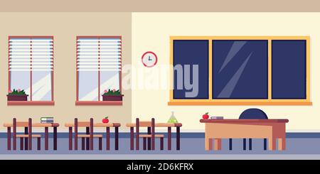 Empty classroom interior, vector flat illustration. School furniture and design elements. Back to school background. Stock Vector