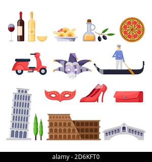 Travel to Italy design elements. Roma, Venice tourist landmarks, fashion and food illustration. Vector flat isolated icons set. Stock Vector