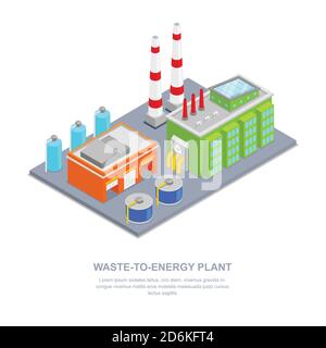 Waste plant vector 3d isometric illustration. Garbage recycling factory industrial building. Stock Vector