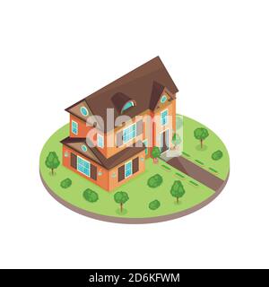 Classical two stories 3d isometric style residential house in green yard. Vector isolated illustration. Real estate icon. Stock Vector