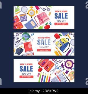 Back to school sale vector banner template. Education backgrounds set with stationery supplies and place for text. Stock Vector