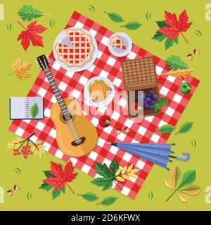 Autumn picnic in park or forest. Fall landscape, leaves and food on red checkered plaid, top view illustration. Vector thanksgiving background. Stock Vector