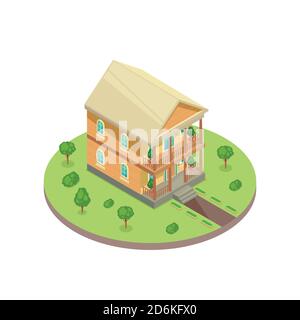 Classical 3d isometric style cottage residential house in green yard. Vector isolated illustration. Real estate icon. Stock Vector