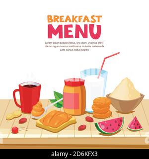Breakfast menu design, vector cartoon style illustration. Peanut butter sandwich, tea, coffee mug, milk, oatmeal on wooden table. Food background. Stock Vector
