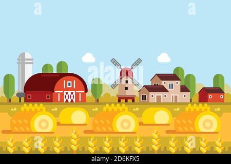 Farming and agriculture concept. Vector flat illustration of wheat fields, mill, village houses. Rural farmland landscape background. Stock Vector