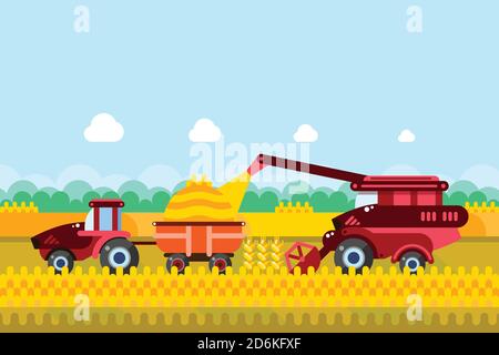Farming and agriculture harvesting concept. Vector flat illustration of combine and tractor on wheat or corn cereal field. Rural farmland landscape ba Stock Vector