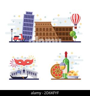 Travel to Italy vector flat illustration. Rome, Pisa and Venice city symbols, landmarks and food. Italian icons and design elements. Stock Vector
