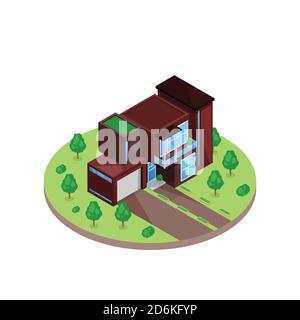 Modern wooden two stories 3d isometric style residential house in green yard. Vector isolated illustration. Real estate icon. Stock Vector