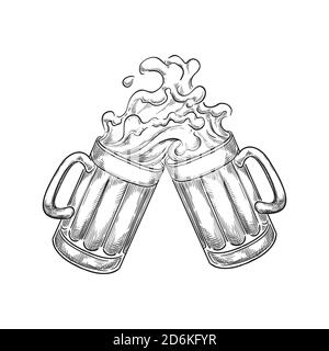 Two toasting beer mugs with splash drinks, sketch vector illustration. Hand drawn label design elements. Stock Vector