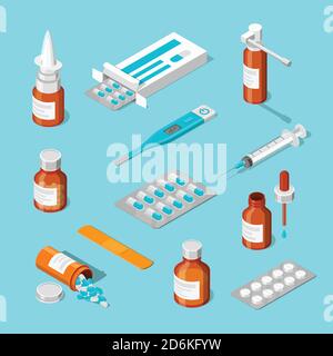 Pharmacy, medicine and healthcare vector 3d isometric icons set. Pills, drugs, bottles flat illustration. Stock Vector