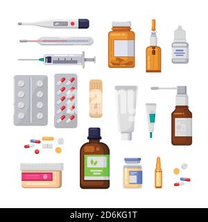 Pharmacy, medicine and healthcare vector flat illustration. Pills, drugs, bottles icons and design elements. Stock Vector