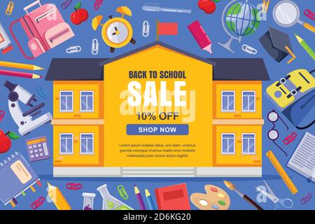 Yellow school building frame with copy space. Back to school sale vector banner, poster template. Colorful stationery supplies background. Education c Stock Vector