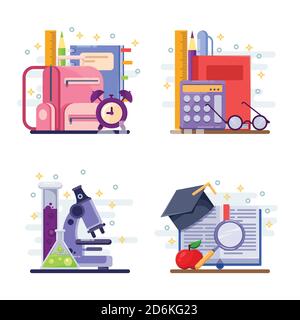 Back to school vector abstract flat illustration. Education and study icons, labels, stickers and design elements. Stock Vector